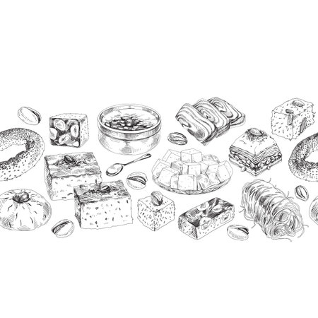 Seamless horizontal pattern composition with oriental sweets, hand drawn retro vector illustration.のイラスト素材