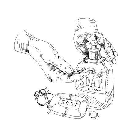 Dosing liquid soap for hands washing, retro hand drawn vector illustration.のイラスト素材