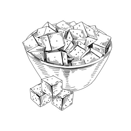 Bowl full of tofu cheese cubes, retro hand drawn vector illustration.のイラスト素材