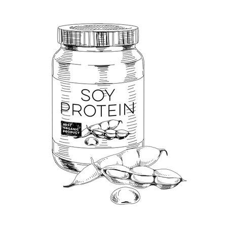 Soy protein jar and soybean pods, retro hand drawnのイラスト素材