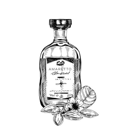 Amaretto bottle, retro hand drawn vector illustration.のイラスト素材