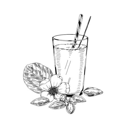 Almond milk glass with straw, retro hand drawn vector illustration.のイラスト素材