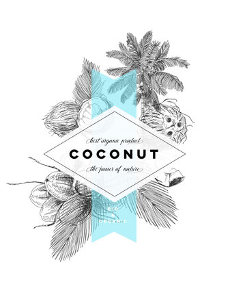 Coconut frame poster, retro hand drawn vector illustration.のイラスト素材