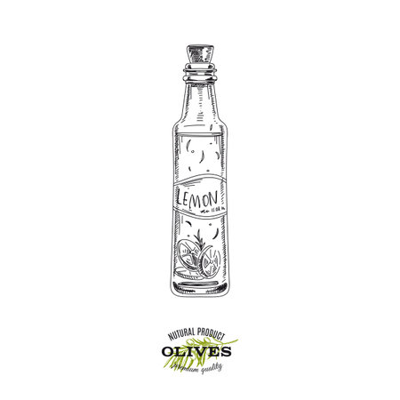 Lemon flavoured olive oil bottle, hand drawn vector illustration.のイラスト素材