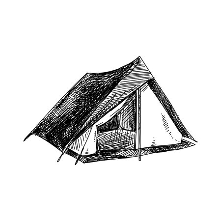 Camping tent, retro black and white hand drawn illustration.のイラスト素材