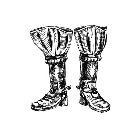Old over the knee boots with spur, hand drawn black and white vector illustration.のイラスト素材