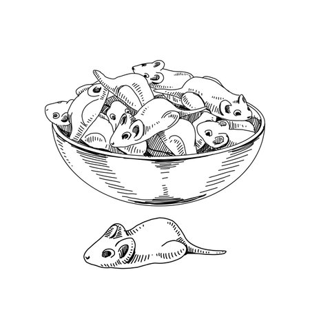 Chocolate mice candy heap in bowl, retro hand drawn vector illustration.のイラスト素材