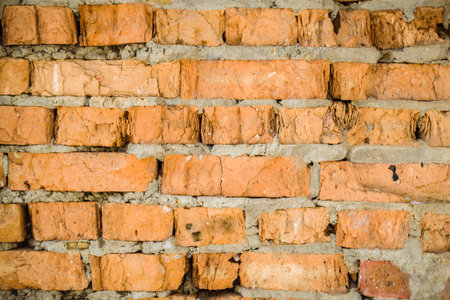 Old Red Brick Wall Square Texture. Grunge Stonewall Surface. Brown Shabby Interior Or Exterior Wreck Wall. Worn Design Element. Shabby Grunge Wide Texture. Red - Brown textured Brick Wall.の写真素材