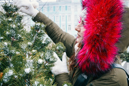 Winter girl. a girl chooses the spruce on holiday.の写真素材