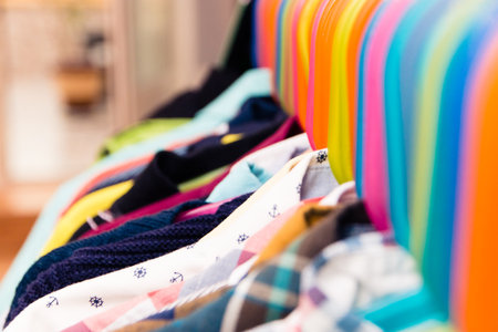 colored hangers with children's clothing.の写真素材