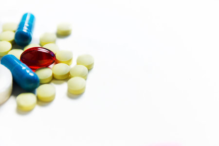 yellow, blue, red pills, medicine isolated on white background
