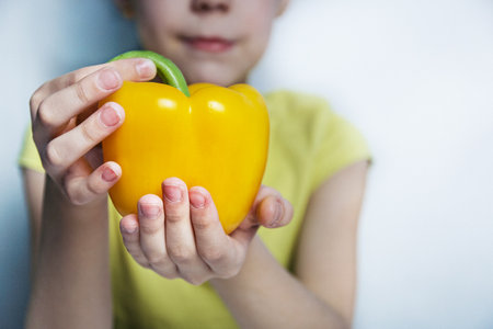 yellow bell peppers in children's hands. close up.の写真素材