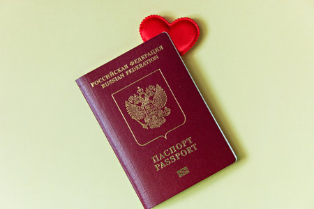 red heart in a Russian passport. love to travel.の写真素材