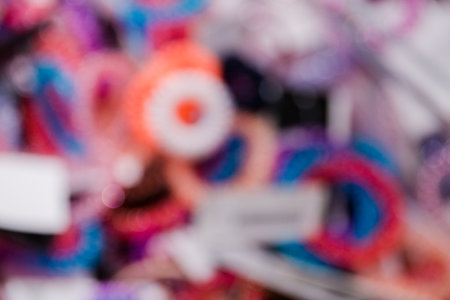 blurred background bright multi-colored elastic hair bands.の写真素材