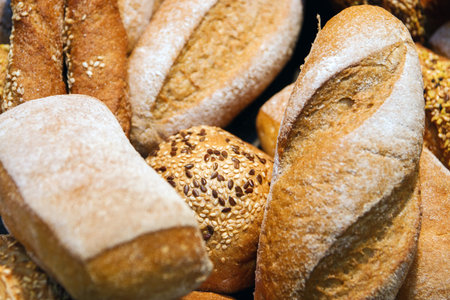 freshly baked bread and bakery products on the counter. background.
