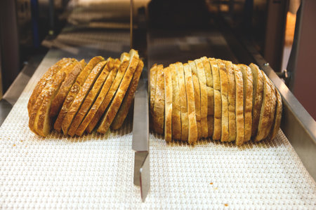 freshly baked bread sliced on the conveyor belt.の写真素材