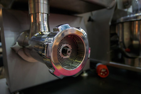 electric meat grinder for large volumes of meat grinding close-up.の写真素材