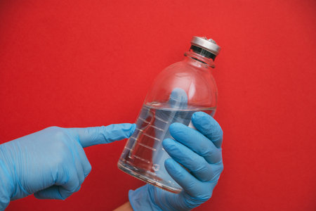 isolated hands in blue gloves showing on bottle with liquid medication.の写真素材