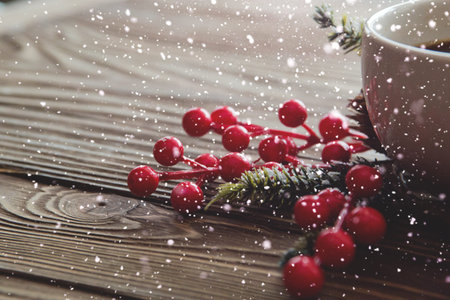 Christmas background and happy New Year, gift boxes, decorations, cup of coffee, Selective focus...