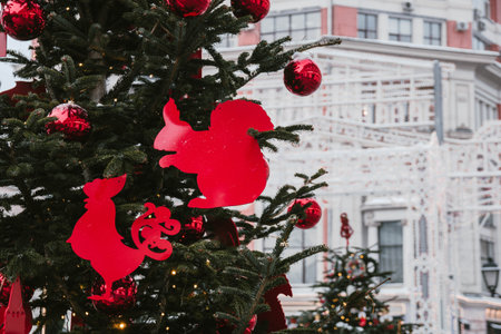 Christmas and New Year holiday background. Decorations. Christmas decorations on the streets.の写真素材