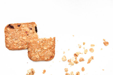 muesli cookies isolated on white background, selective focus. Top view.の写真素材