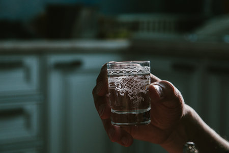 A glass of vodka in a man's hand, alcohol, bad habits.の写真素材