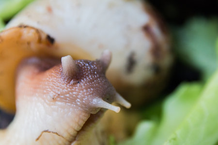 A large brown snail Ahatina, green leaf lettuce on the background.の写真素材