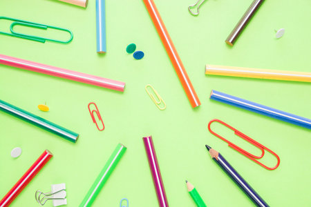 School equipment. Variety of school supplies. Flat lay.の写真素材