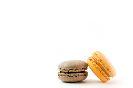 Macaroons on white background top, colorful macaroons, selective focus.