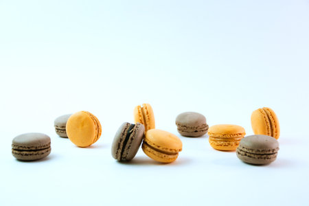 Macaroons on white background top, colorful macaroons, selective focus.の写真素材