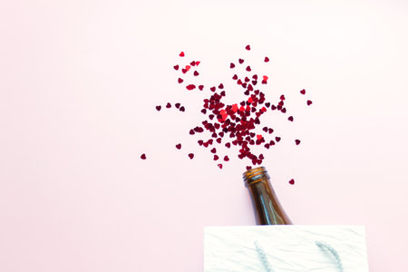 A bottle of champagne with colorful party streamers in the shape of hearts on a pink background. Flat lay of Celebration, selective focus.の写真素材