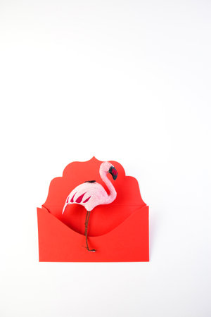 Flamingo bird in red envelope isolated on white background.の写真素材