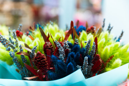 Flower deadwoods bouquets backgrounds of bright variety of colors, beautiful details in one bouquet. Selective focus.の写真素材