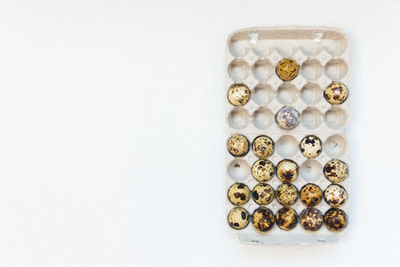 Quail eggs in cardboard packaging on white background. Top view.の写真素材
