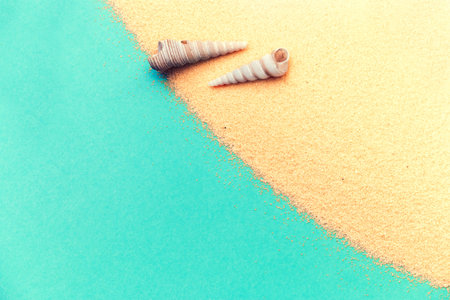 Background of summer holidays, shells on the sand, and an imaginary blue sea. Concept of summer...