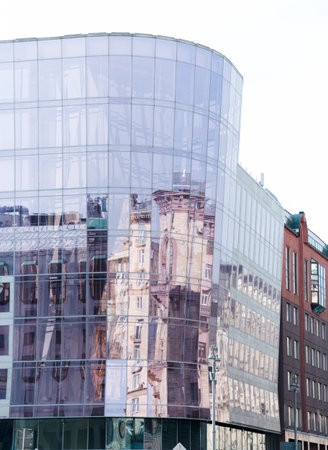 Mirror business buildings skyline looking up with sky, modern architecture. Financial district. Moscow, Russia, march 2020.のeditorial素材
