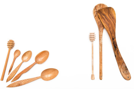 Houseware: wooden kitchen utensils, isolated on white background top view. Zero waste, eco friendly concept. Flat lay.の写真素材