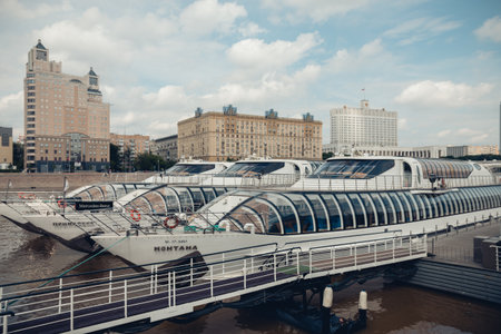 The station of river tourist liners, trams on the Moscow river, a tourist route for guests of the capital, foreign tourists. Moscow, Russia, June 2020.のeditorial素材