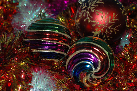 Christmas and New Year's background. A different-colored tinsel and Christmas balls. の写真素材