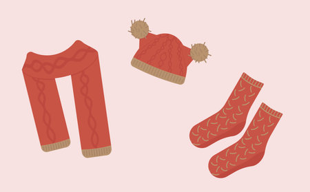 Set of Red Knitted Clothes on the pink backgroundのイラスト素材