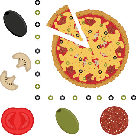 illustration of pizza and ingredients of pizzaのイラスト素材