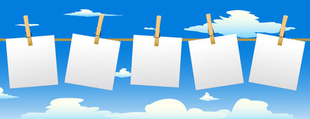 Banner with five paper notes hanging on rope.Vector illustration.のイラスト素材