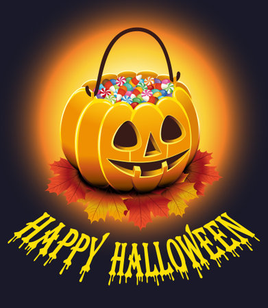 Halloween Poster with autumn leaves and pumpkin with candies. Vector illustration.のイラスト素材