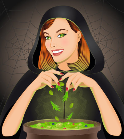 Halloween background with witch brewing magic potion in cauldron. Halloween concept. Vector illustration.のイラスト素材