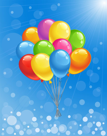 Blue sunny background with glossy colored balloons. Vector illustration.のイラスト素材