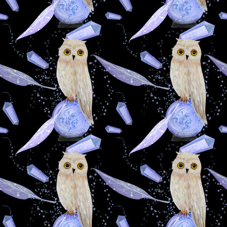 gouache magic seamless pattern with owl and crystallの写真素材