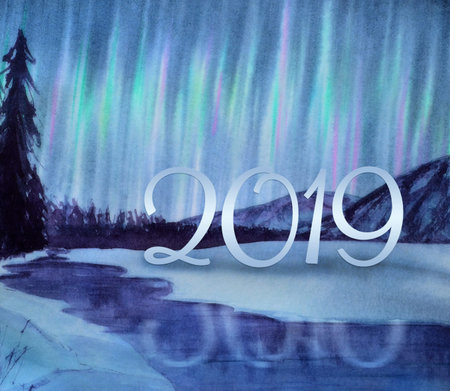 Watercolor winter landscape norden ligts. Happy New Year and Christmas