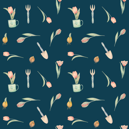 Seamless pattern hand-drawn watercolor. Spring pink tulipsの写真素材