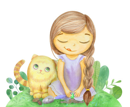 hand-drawn watercolor flower arrangement with a girl and a cat. Suitable for logo, poster, postcardの写真素材