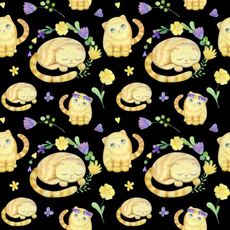 seamless pattern with cute watercolor cats illustration of stylized flowers. Ideal for printing on fabric and wallpaperの写真素材